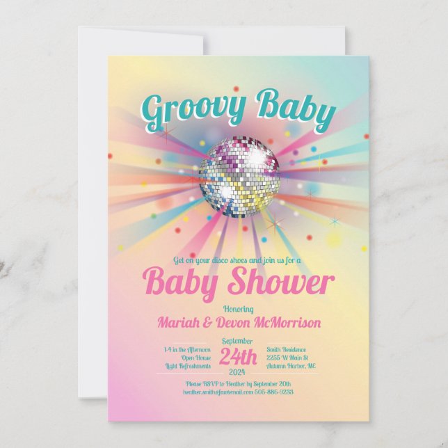 Disco Boll Baby Shower Groovy Pastel Rainbow Inbjudningar (Framsida)