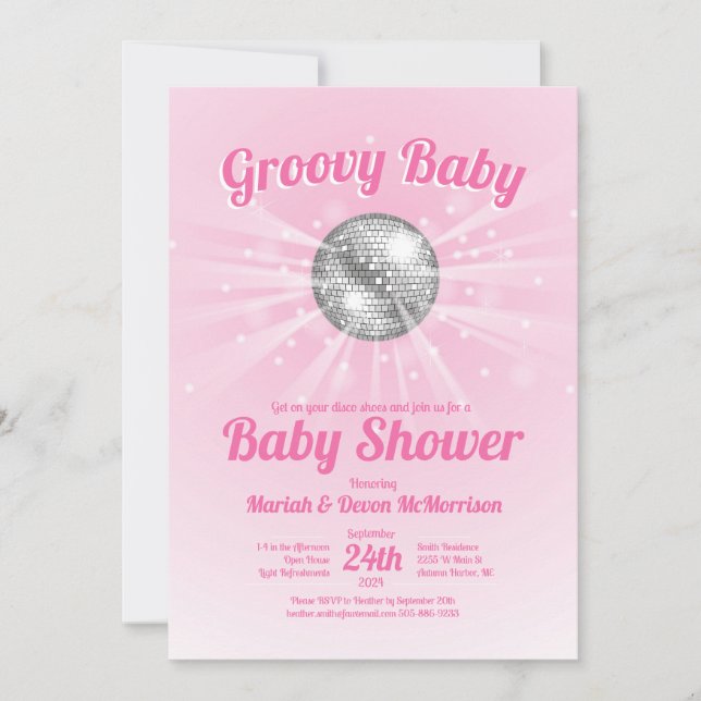 Disco Boll Baby Shower Groovy Rosa Girl Inbjudningar (Framsida)