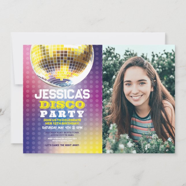 Disco Boll Dance Photo Party Birthday Inbjudan Gir (Framsida)