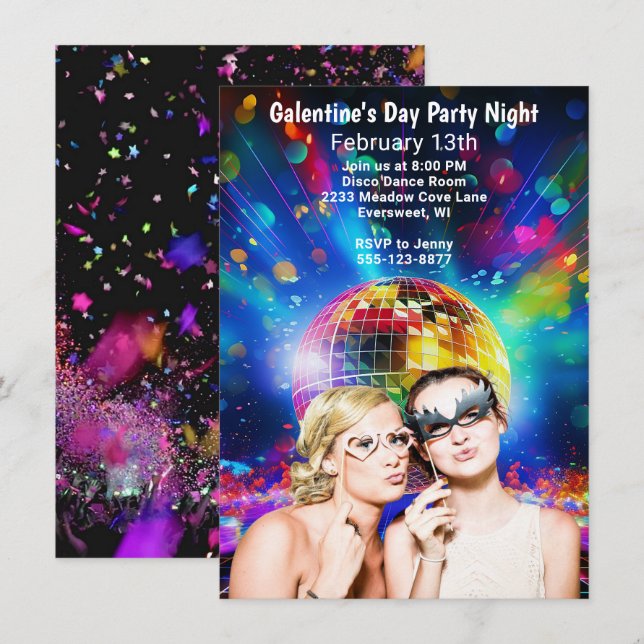 Disco Boll Galentine's Day Girls Party Natt Inbjudningar (Fram/baksida)