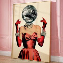 Disco Boll Head Woman Wall Art, Glam Retro Party Poster