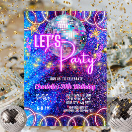 Disco Boll Låt oss Party Neon Rosa Glowing Birthda Inbjudningar