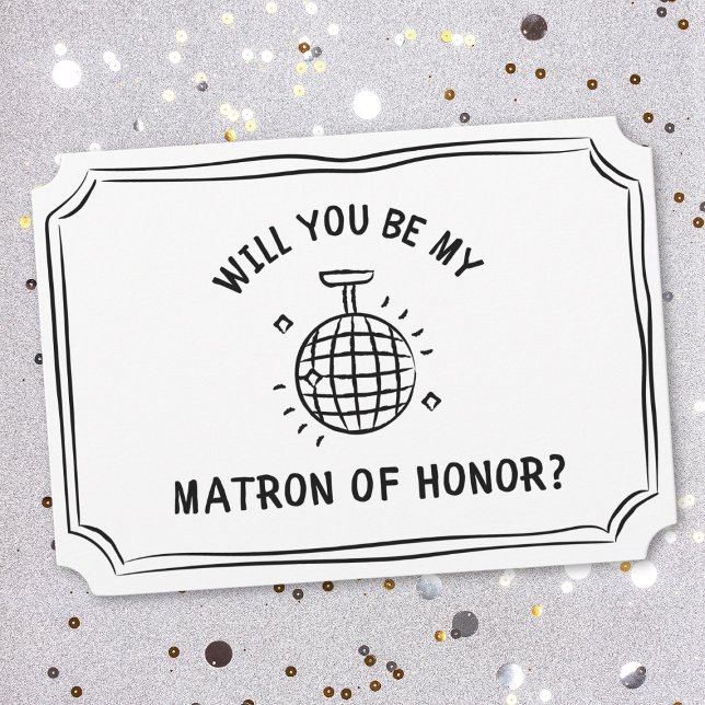 Disco Boll Matron of Honor Frieri | Roligt och Tre Kort (Pop the question with this playful matron of honor card, featuring a chic hand-drawn disco ball.)