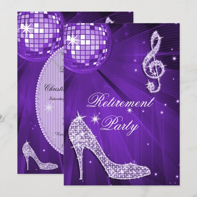 Disco Boll och Glitterklackar Lila Pensionering Inbjudningar (Fram/baksida)