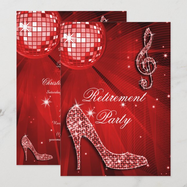 Disco Boll och Gnistra Heels Red Pension Inbjudningar (Fram/baksida)