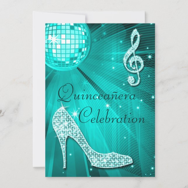Disco Boll och Gnistra Heels Teal Quinceañera Inbjudningar (Framsida)