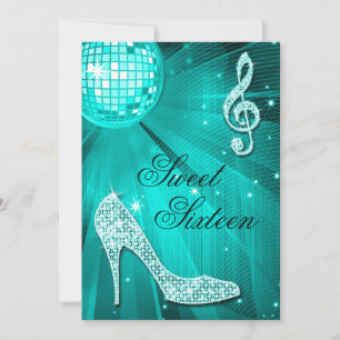 Disco Boll och Gnistrande Klackar Teal Sweet 16 Inbjudningar