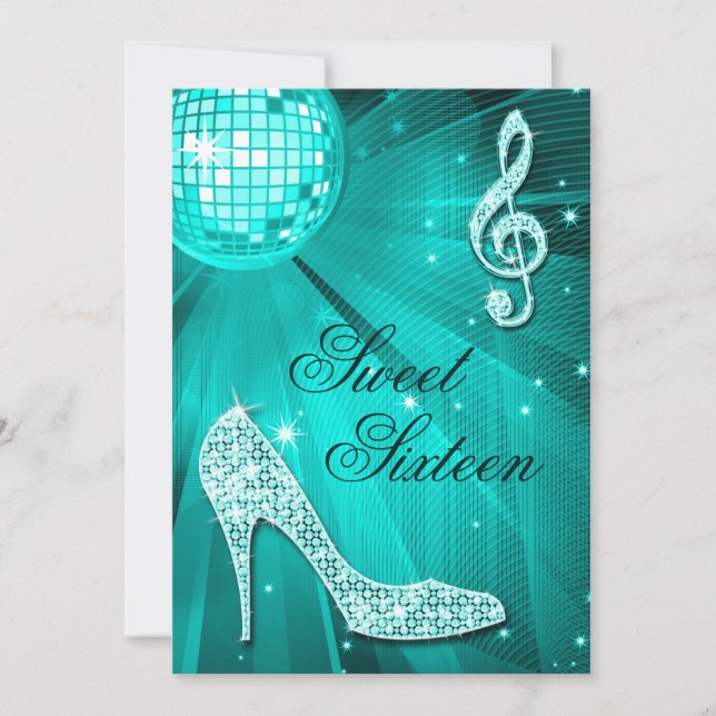 Disco Boll och Gnistrande Klackar Teal Sweet 16 Inbjudningar (Framsida)