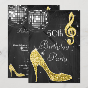 Disco Boll och Heels Black & Guld 50:e födelsedage Inbjudningar