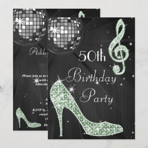 Disco Boll och Heels Black & Mint 50:e födelsedage Inbjudningar