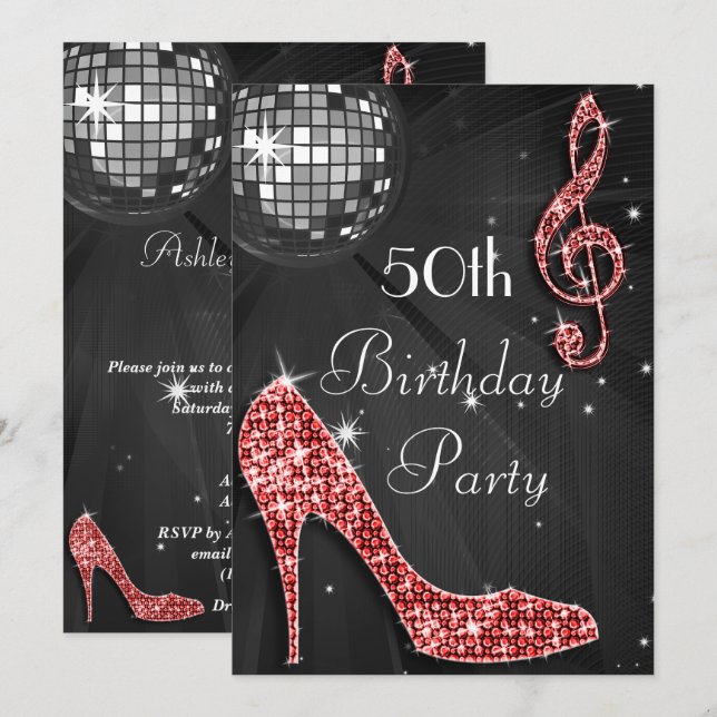 Disco Boll och Heels Black & Red 50:e födelsedagen Inbjudningar (Fram/baksida)