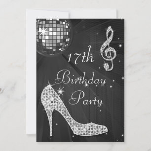Disco Boll och Heels Black & Silver 17:e födelseda Inbjudningar