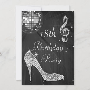 Disco Boll och Heels Black & Silver 18:e födelseda Inbjudningar