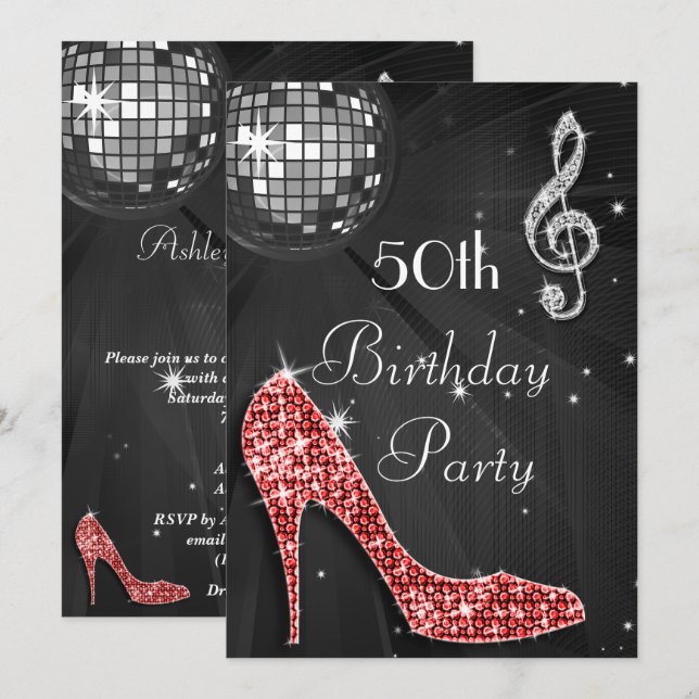 Disco Boll och Heels Black & Silver 50:e födelseda Inbjudningar (Fram/baksida)