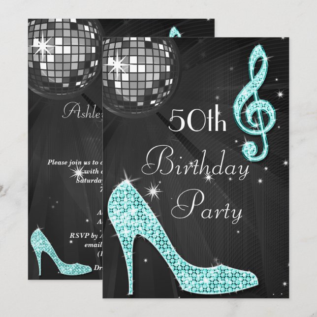 Disco Boll och Heels Black & Teal 50:e födelsedage Inbjudningar (Fram/baksida)