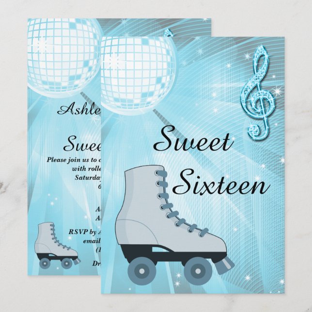 Disco Boll och Roller Skates Sweet sixteen Inbjudningar (Fram/baksida)