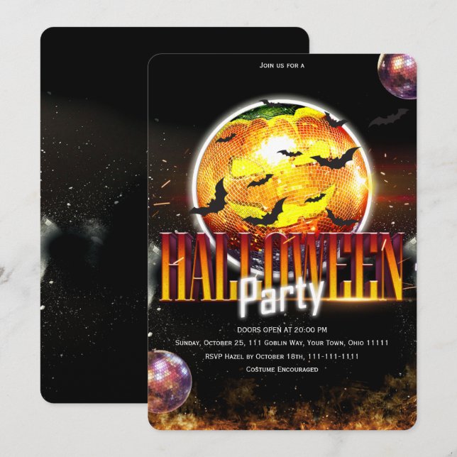 Disco Boll Pumpa Spooky Halloween Inbjudningar (Fram/baksida)