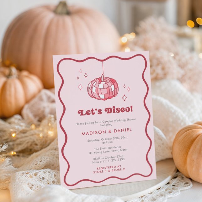 Disco Boll Pumpkin Cherry Rosa Möhippa Inbjudningar (Pink Disco Ball Pumpkin co-ed wedding shower invitation with trendy wavy squiggle border)