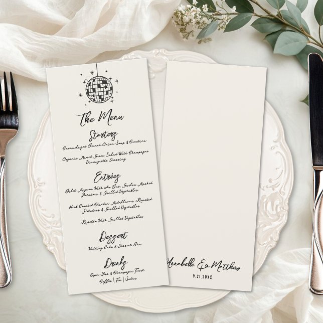 Disco Boll Retro Handritad Bröllop Meny (Disco Ball Retro Hand Drawn Wedding Menu)