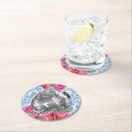 Disco Boll Rosa Blommigt Blue Tile Underlägg Papper Rund
