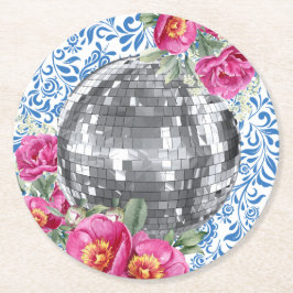 Disco Boll Rosa Blommigt Blue Tile Underlägg Papper Rund