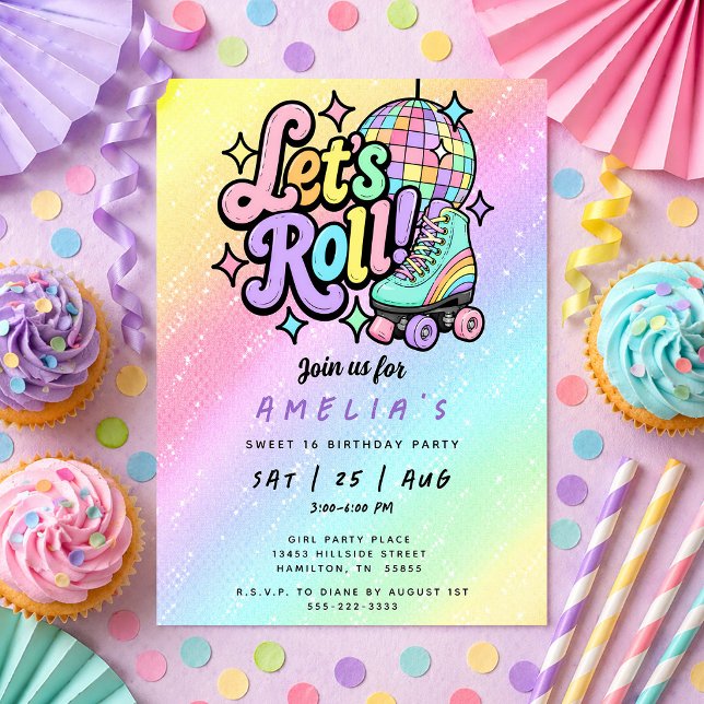 Disco Boll Rullskridsko Söta 16-års Födelsedagsfes Inbjudningar (Disco Ball Roller Skate Sweet 16 Birthday Party Invitation)