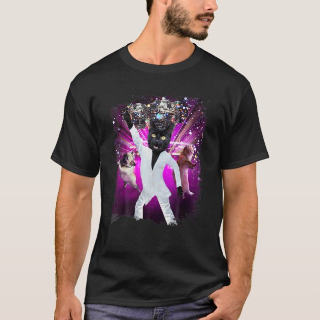 Disco Boll Svart Katt Dansar T Shirt (Framsida)