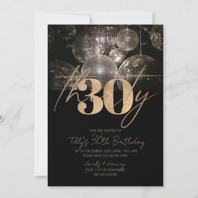 Disco boll svartvit och guld 30års födelsedag part inbjudningar (Framsida)