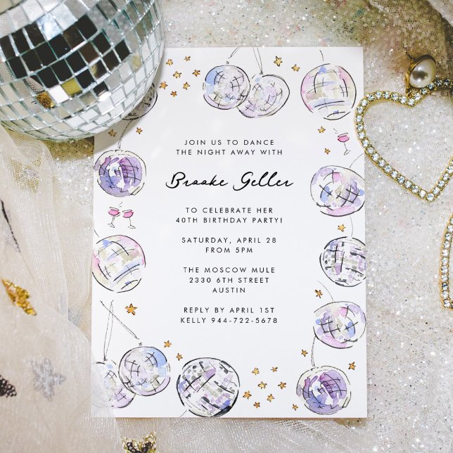 Disco Boll Watercolor Födelsedagsfest Inbjudningar (Stunning watercolor disco balls frame this birthday party invitation in lovely purple and pink hues.)