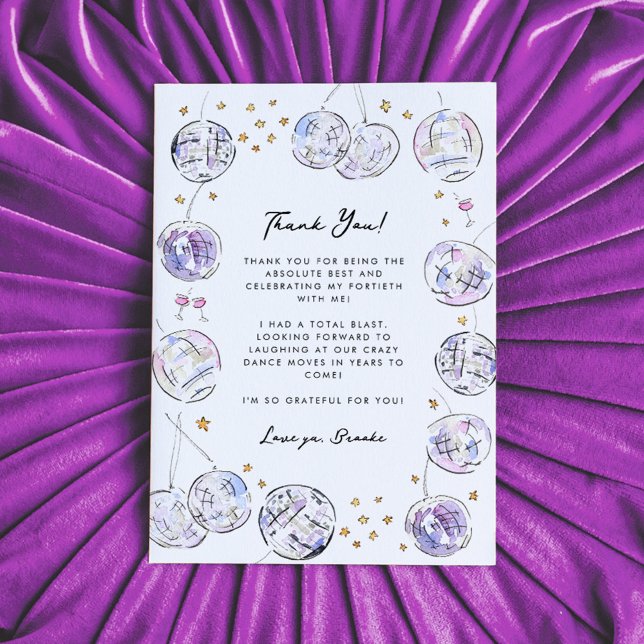 Disco Boll Watercolor Födelsedagsfest Tack Kort (Watercolor painted disco balls frame this fabulous flat Thank You card.)