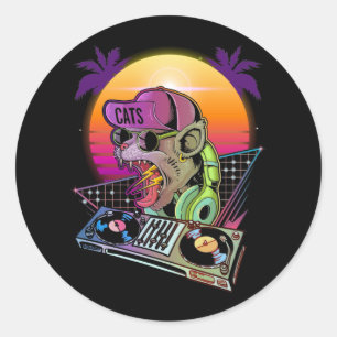 Disco Cat DJ Vaporwave 80s 90s Techno Music Älska Runt Klistermärke