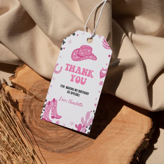 Disco Cowgirl Birthday Tack Märkre Presentetikett (Skapare uppladdad)