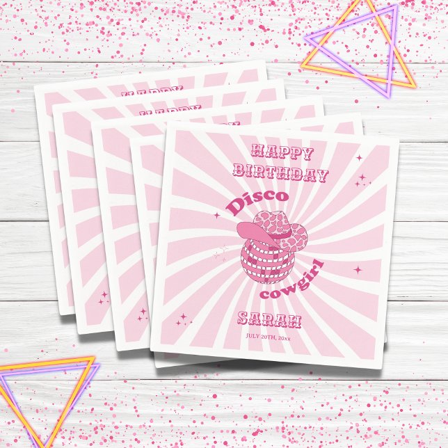 Disco Cowgirl Födelsedagsfest Pappersservett (Disco Cowgirl Napkin with name and date, pink)