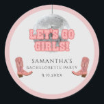 Disco Cowgirl Lets Go Girls Bachelorette Helg Runt Klistermärke<br><div class="desc">Låt oss Go Girls Bachelorette Disco Cowgirl Bots Sticker som du enkelt kan anpassa för helgen av roligt med flickorna före vow. Perfekt för andra speciella händelser och födelsedagar</div>