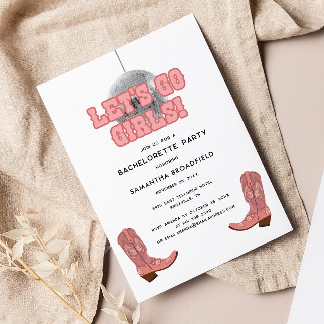 Disco Cowgirl Lets Go Girls Bachelorette Party Inbjudningar (Disco Cowgirl Retro 70s Bachelorette Party Invitation)