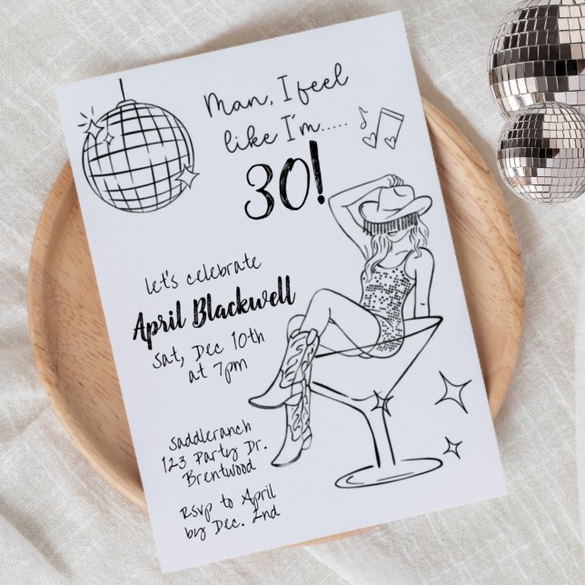 Disco, Cowgirl, Martini, Disco boll Födelsedag  Inbjudningar (Skapare uppladdad)