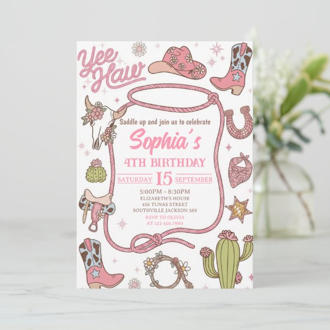 Disco Cowgirl Nashville Pink Rodeo Birthday Party Inbjudningar (Stående Fram)