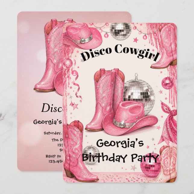 Disco Cowgirl Rosa Födelsedagsfest Inbjudningar (Fram/baksida)