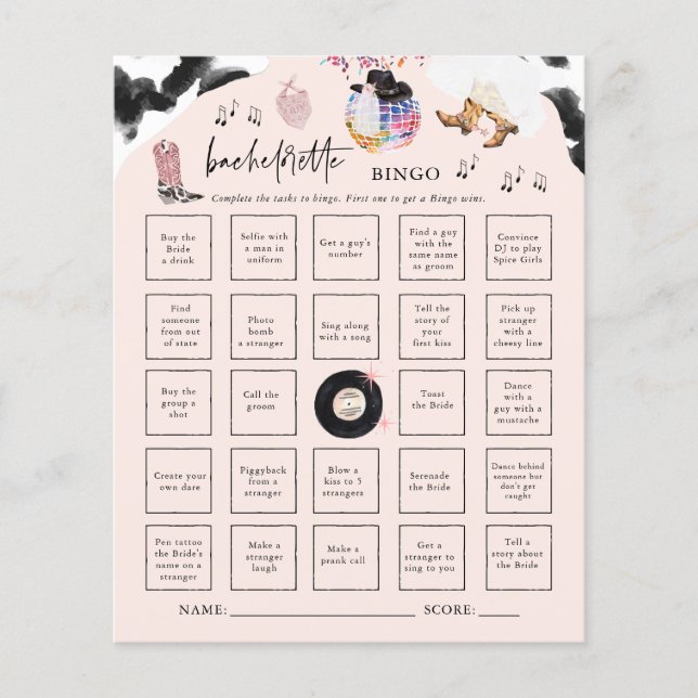 Disco Cowgirl | Spelkort för Bachelorette Bingo Pa (Framsida)