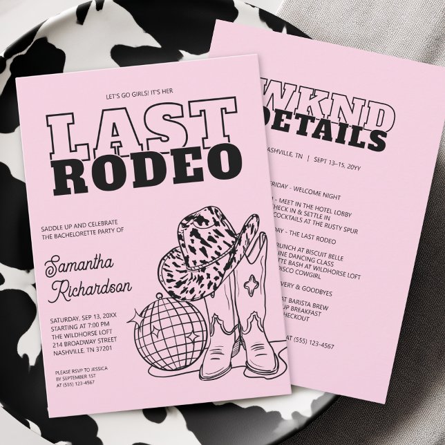 Disco Cowgirl Systerbröllop Weekend Itinerary Inbjudningar (Disco Cowgirl Bachelorette Party Weekend Itinerary Invitation)