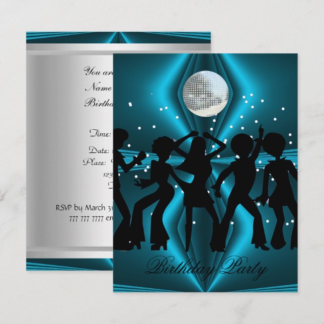 Disco-dans blå födelsedagsfest inbjudningar (Fram/baksida)