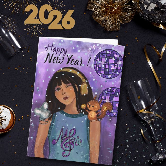 Disco Diva Whimsical Musik Tjej Glad Nyår  Helgkort (Disco Diva Whimsical Music Girls Happy New Year Holiday Card)