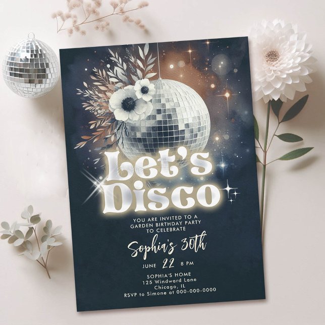 Disco Garden Party 70 s Retro Black 30års födelsed Inbjudningar (disco garden party 30th birthday invitation groovy 70s ball floral black orange yellow)