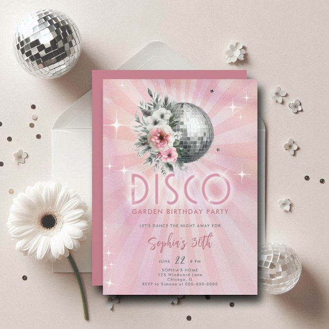 Disco Garden Party 70-talet Groovy Retro 30års föd Inbjudningar (disco garden party 30th birthday invitation groovy 70s ball floral roses)