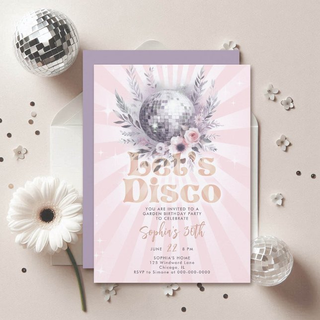 Disco Garden Party 70-talet Retro Rosa 30års födel Inbjudningar (disco garden party 30th birthday invitation groovy 70s ball floral roses pink lavender)