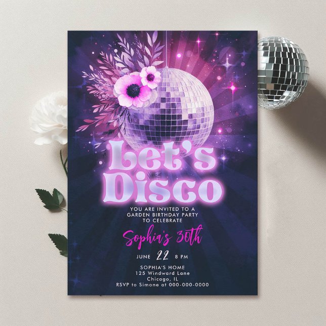Disco Garden Party 70-talets Shock rosa 30års föde Inbjudningar (disco garden party 30th birthday invitation groovy 70s floral disco ball hot pink purple navy)