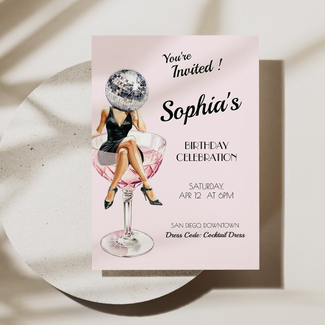 Disco Girl in Martini Glass Birthday Inbjudan (Disco Girl In Martini Glass Birthday Invite)