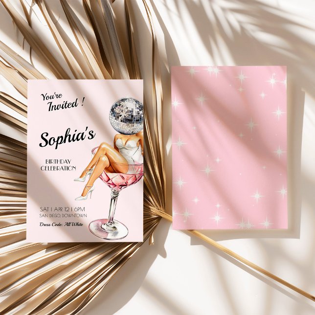 Disco Girl in Martini Glass Birthday Inbjudan (Disco Girl In Martini Glass Birthday Invite)
