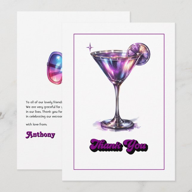 Disco Glam Retro Martini Galaxy Glasdesign Tack Kort (Fram/baksida)
