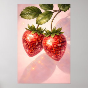 Disco Jordgubbstryck, Retro Disco Boll Frukt Poster